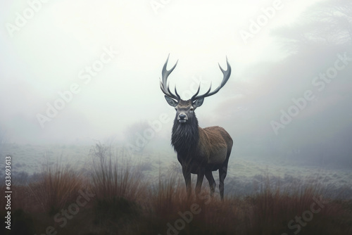 Stag Grazing in Early Morning Mist