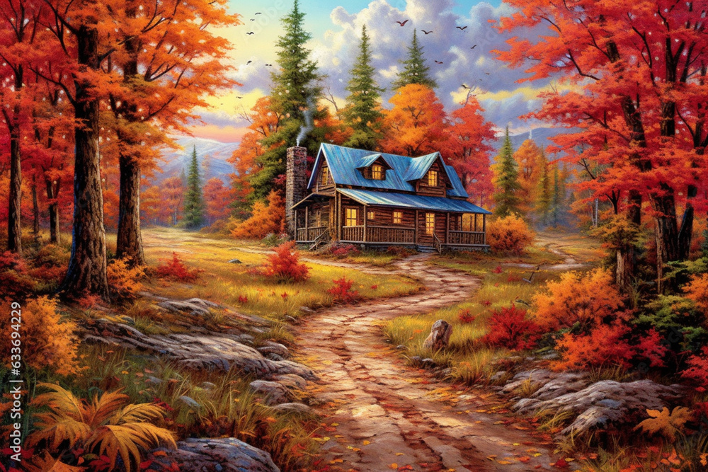 Illustration of house near autumn season forest