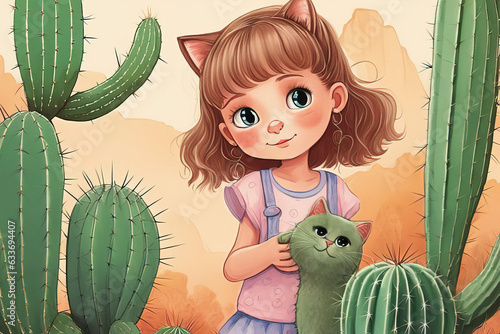 cute cartoon girl with pink cat and flowers