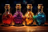 Four glowing little bottles each mixed with different color. Sparkles, glitter.