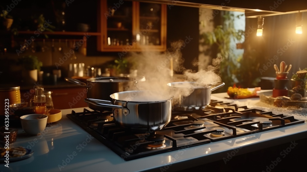 Steaming and boiling pan of water on modern heating stove in kitchen, Water Boiling on a Gas Stove, Stainless pot.
