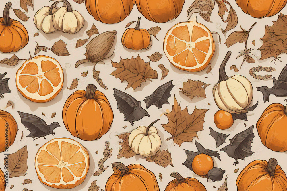autumn seamless pattern with pumpkins, leaves and fruits on white background. vector illustration.