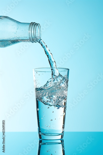 Pouring clean pure water into a glass from the bottle, light blue background. 