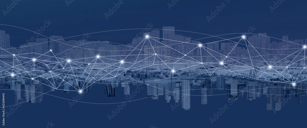 Blue background with panorama of modern night city. Social media and business communication technology concept