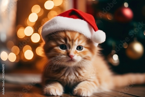 Christmas card with portrait of sweet little red kitten wearing santa hat with bokeh background