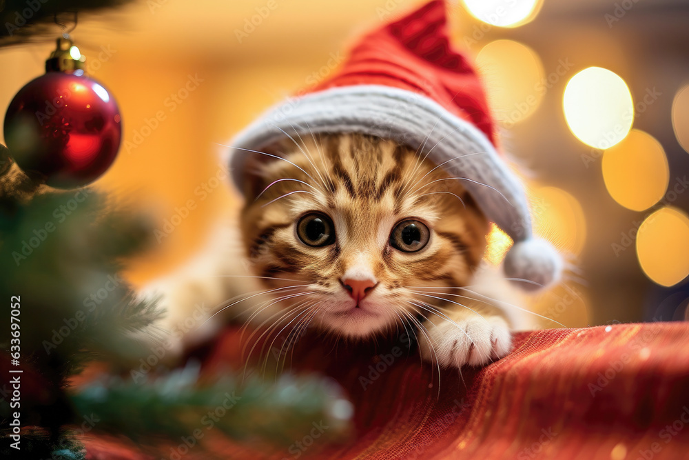 Christmas card with portrait of sweet little red kitten wearing santa hat with bokeh background
