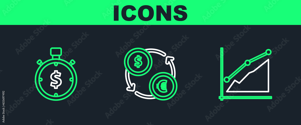 Set line Pie chart infographic, Time is money and Money exchange icon. Vector Set line Pie chart infographic, Time is money and Money exchange icon. Vector