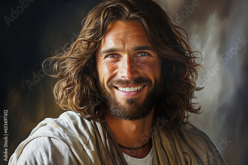 portrait of jesus christ smiling and looking at camera. Catholicism in religion in christmas