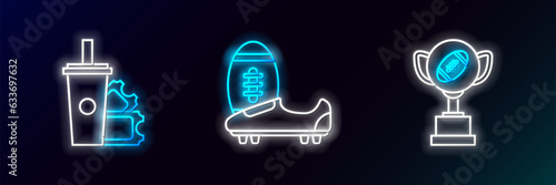 Set line Award cup and American football ball, Football ticket paper glass soda with drinking straw and Soccer or shoes spikes icon. Glowing neon. Vector