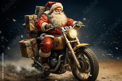 Santa Claus on a motorcycle delivering gifts at Christmas. Card of Noel of merry christmas
