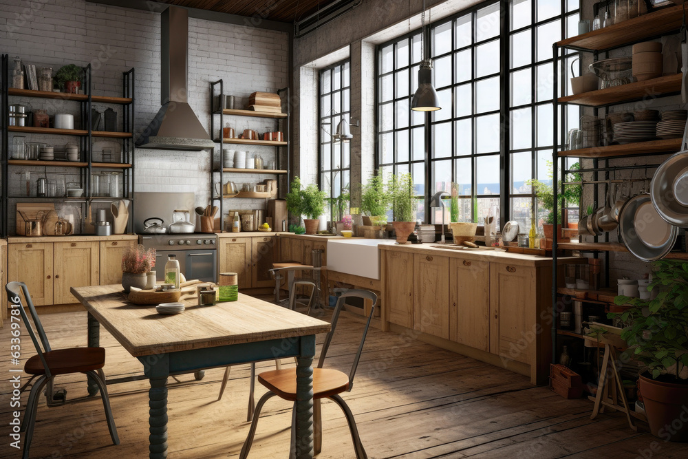 Modern stylish loft kitchen interior with big windows