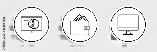 Set line Computer monitor screen, Board with graph chart and Wallet stacks paper money cash icon. Vector