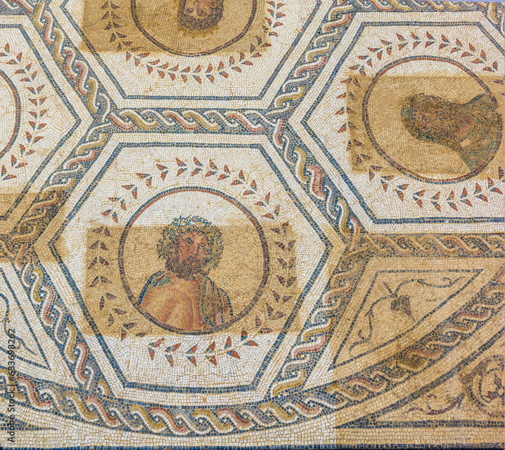 Mosaic of Planetarium, one of the most representative mosaic of the Roman city of Italica. This mosaic contains a representation of celestial bodie. Located in Santiponce, Seville, Andalusia, Spain.