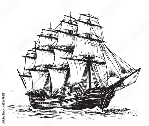 Retro pirate ship sketch hand drawn nautical theme Vector