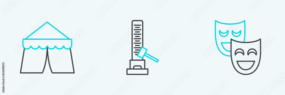 Set line Comedy theatrical masks, Circus tent and High striker attraction with big hammer icon. Vector Set line Comedy theatrical masks, Circus tent and High striker attraction with big hammer icon. Vector