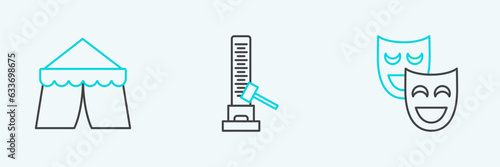 Set line Comedy theatrical masks, Circus tent and High striker attraction with big hammer icon. Vector