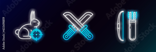 Set line Bow and arrow in quiver, Hunt on rabbit with crosshairs and Crossed hunter knife icon. Glowing neon. Vector