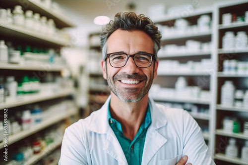 Portrait of a smiling handsome joyful mature pharmacist man in pharmacy store