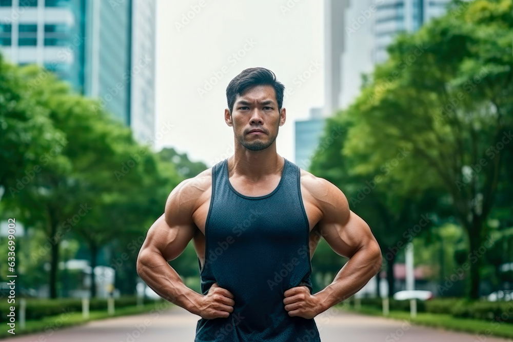 Obraz premium Сonfident beautiful strong handsome muscular chinese man during sportive workout outdoors