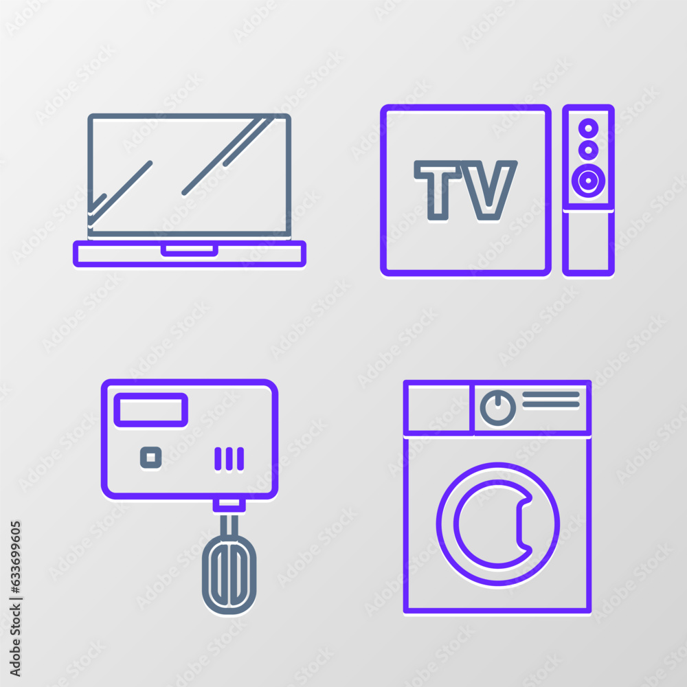 Set line Washer, Electric mixer, TV box receiver and player with remote controller and Laptop icon. Vector Set line Washer, Electric mixer, TV box receiver and player with remote controller and Laptop icon. Vector