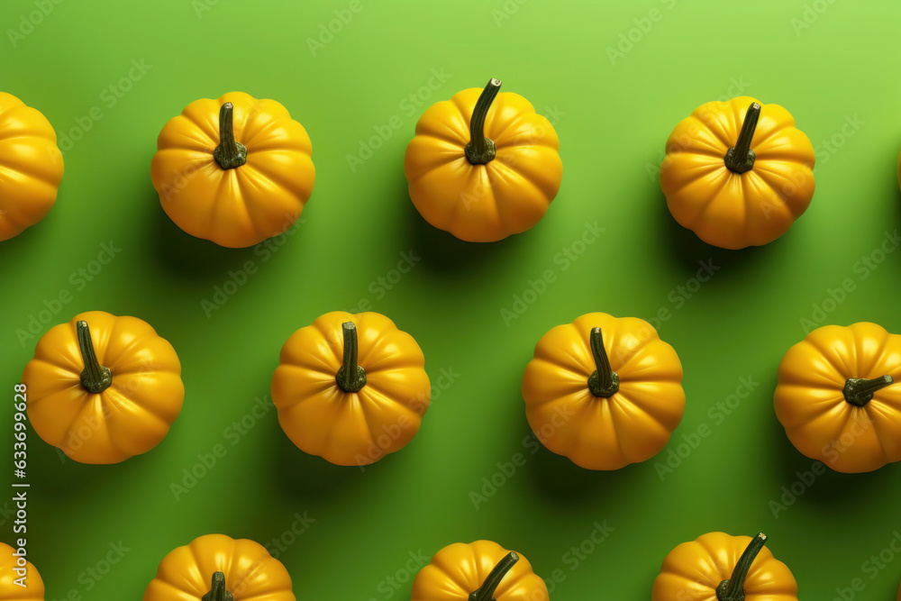 orange pumpkins on a green background. halloween and holiday card. vegetables and autumn harvest. orange pumpkins on a green background. halloween and holiday card. vegetables and autumn harvest.
