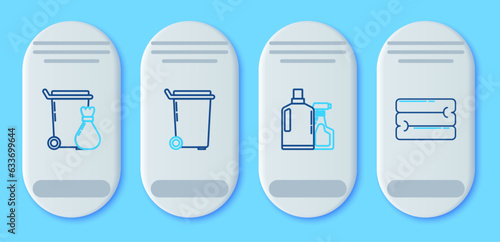 Set line Trash can, Plastic bottles for liquid dishwashing liquid, and Towel stack icon. Vector