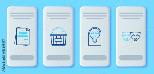 Set line Popcorn in cardboard box, Funny and scary ghost mask, Scenario and Comedy tragedy theatrical masks icon. Vector