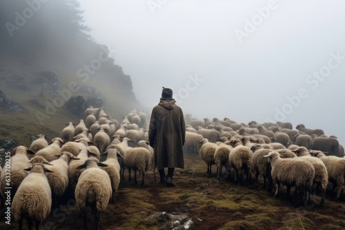 Shepherd tends a sheep flock in the misty mountains