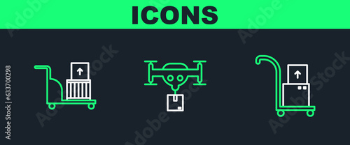 Set line Hand truck and boxes, Electric hand and Delivery drone with the package icon. Vector