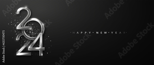 Happy New Year 2024. Shiny silver metallic color numbers with glitter scattered on black background. Luxury vector Christmas 2024 Year background.