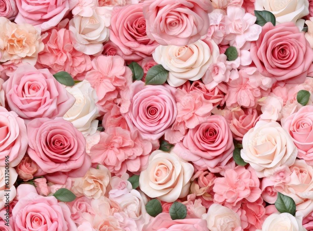 Beautiful summer flowers as background. Blossoming delicate roses on blooming flowers festive background. SEAMLESS PATTERN. SEAMLESS WALLPAPER. Created with Generative AI technology. Beautiful summer flowers as background. Blossoming delicate roses on blooming flowers festive background. SEAMLESS PATTERN. SEAMLESS WALLPAPER. Created with Generative AI technology.