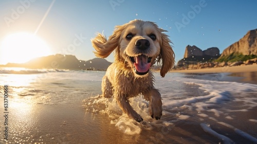 A playful cute dog standing on a sandy beach with waves crashing in the background generative ai