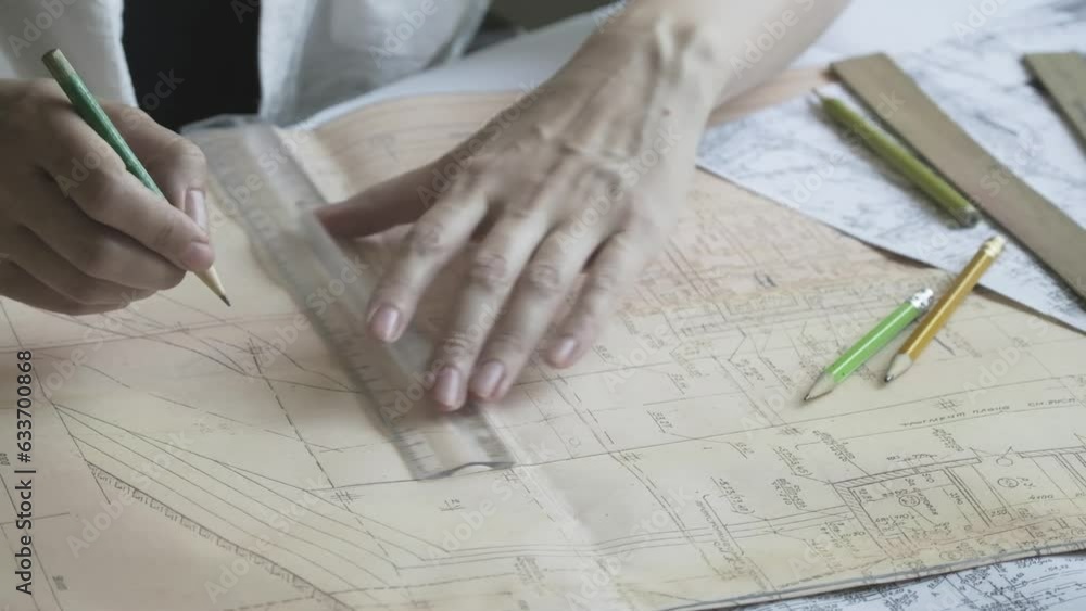 Paper Draw Engineer Engineer draws the project using ruler and a pencil. Papers and ...