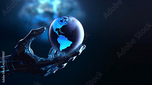 Artificial intelligence robot hand holding earth globe with blurred earth background, tech revolution and future of humanity in AI hand concept technology illustration.