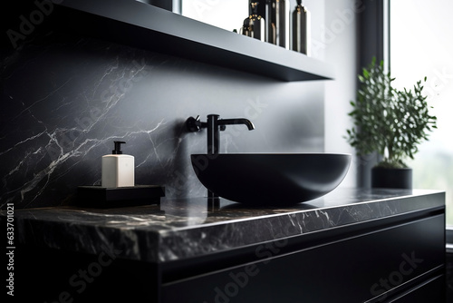 Black bathroom interior design, round countertop basin on black marble counter and wall shelf in modern luxury minimalist masculine washroom.