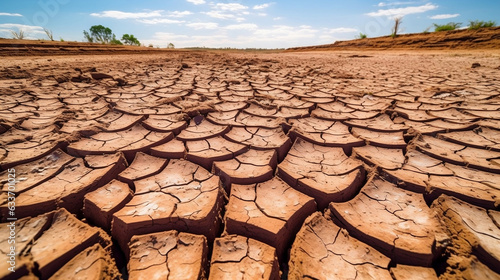 Foto Drought land, dry soil ground in desert area with cracked mud in arid landscape