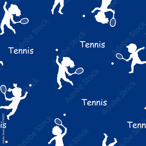 White silhouettes of tennis players on blue background. Seamless pattern for decoration, fabrics, wrapping paper. Vector illustration.