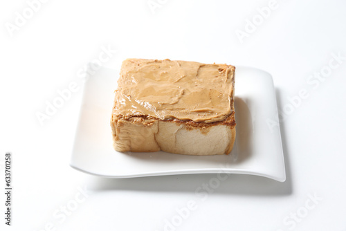 square peanut butter jam toast bread set with half boiled soft chicken egg and hot coffee or tea breakfast on white background asian chef appetiser halal bakery food restaurant pastry menu for cafe