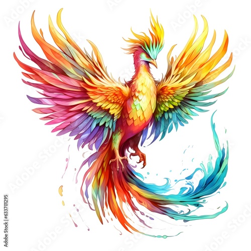 Rainbow colored fire phoenix on a white isolated background.