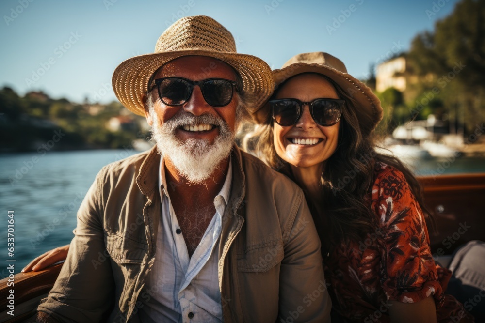 Perfect middle aged couple bonding and relaxing while on vacation. stylish middle aged couple during sunset on boat Perfect middle aged couple bonding and relaxing while on vacation. stylish middle aged couple during sunset on boat