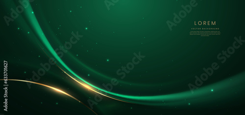 Abstract curved green shape on green background with lighting effect and copy space for text. Luxury design style.