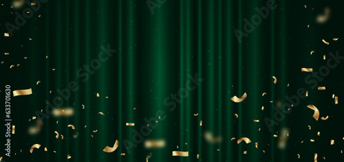 Green curtain background. Golden confetti banner and ribbon. Celebration grand openning party happy concept. Vector illustration