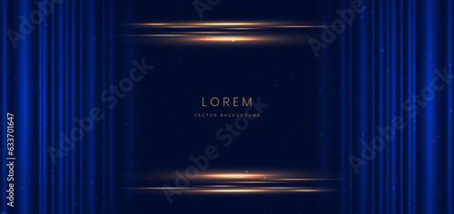 Dark blue curtain background with gold lighting effect. Celebration grand openning party happy concept.