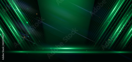 Abstract elegant dark green stage background with blue neon line and lighting effect sparkle. Luxury template award design.