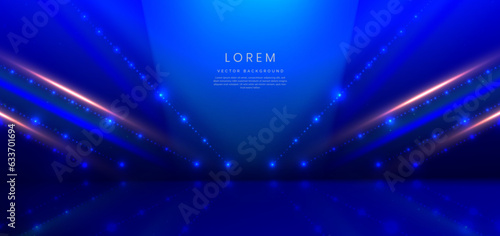 Elegant blue stage background with blue dot neon line and lighting effect sparkle. Luxury template award design.
