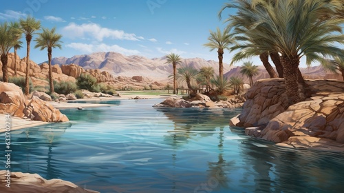  a painting of a river surrounded by mountains and palm trees. generative ai