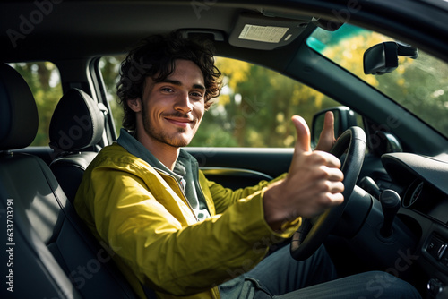 Happy man posing while driving car. © pavlofox