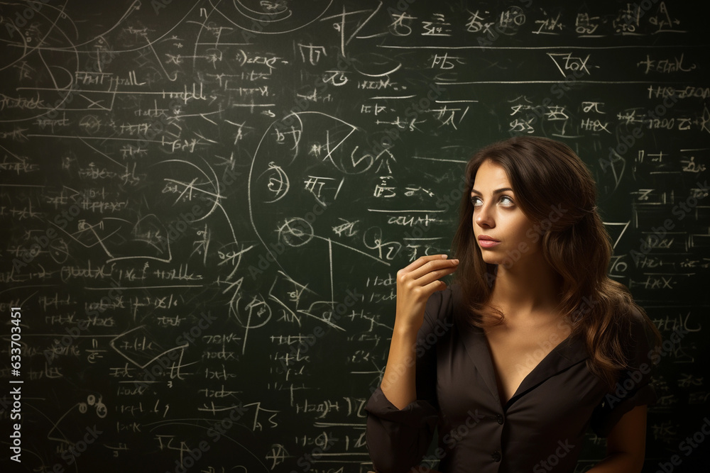 Female math instructor teaching math on blackboard. Female math instructor teaching math on blackboard.
