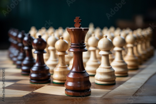 Game of chess on wooden table.