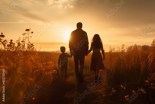 Family walking through a field with young child.